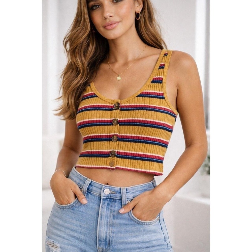 Forever‎ 21 Mustard Ribbed Stripe Button Crop Tank Top M